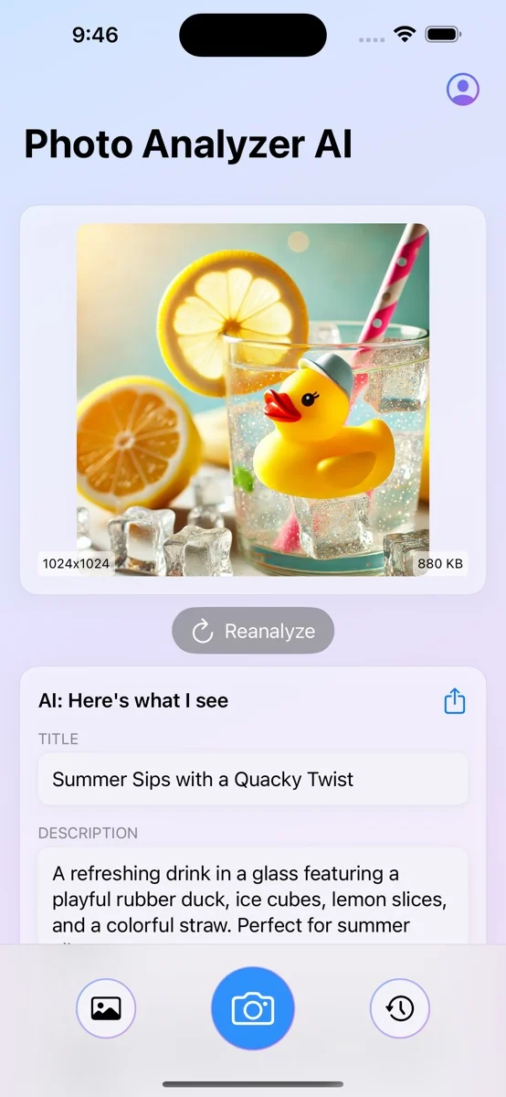 Photo Analyzer identifies colors, tags and a description for a summer drinks photo