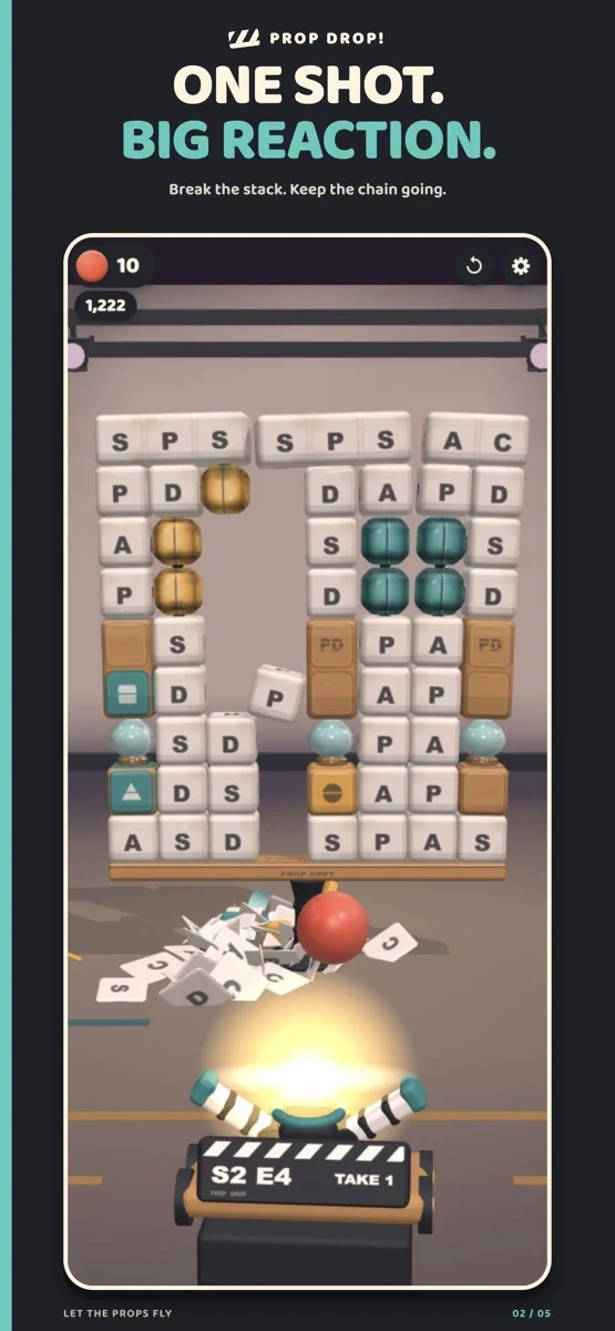 Prop Drop physics puzzle with stacked props and a ball launcher