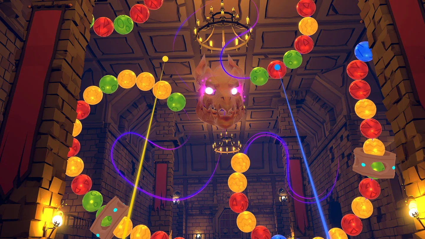 Colorful marble chains inside an atmospheric Zooma VR temple